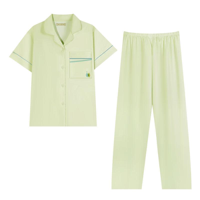 Pajamas Women'S Japanese Solid Color Cotton Short-Sleeved Trousers Casual And Comfortable Summer Cardigan Loungewear Women