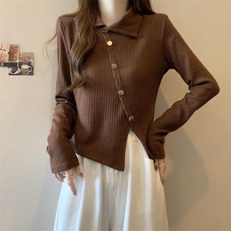 Women's Pullover Knitted Sweater Base Shirt for Autumn and Winter Lapel Long Sleeved Top