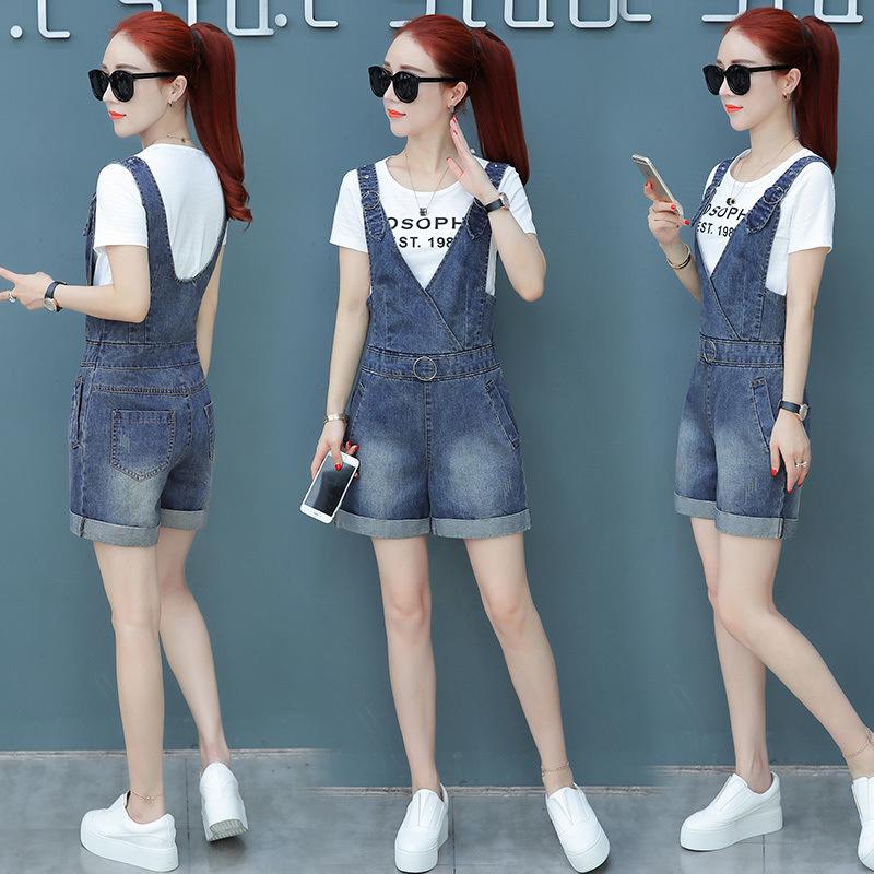 Damen Sommer Chic Zweiteiler Set 2025: Denim Latzhose mit Trägern & Kurzarm-T-Shirt, Trendiger Koreanischer Stil