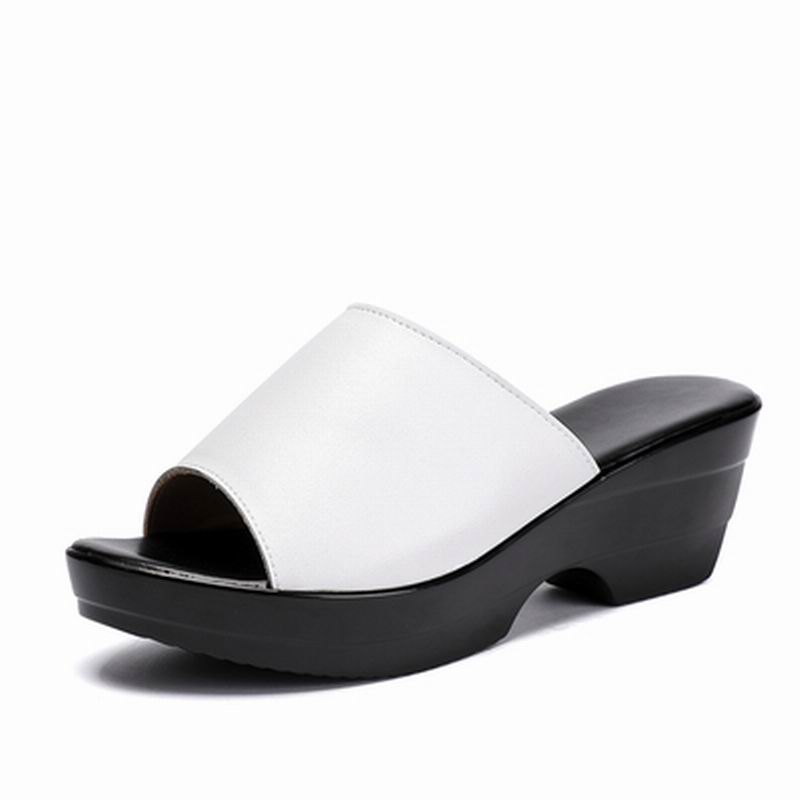 

Fashion GKTINOO Women Slipper s 2025 Ladies Summer Slippers Genuine Leather Shoes Women High Heels Fashion Wedges Summer Shoes 11 белый