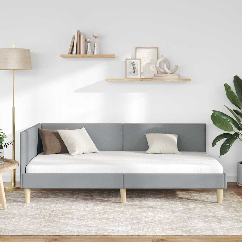 Corner Bed Frame Light Grey 100 Cm X 200 Cm Fabric and Plywood
