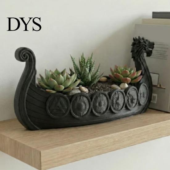 Modern Home Garden Decor Viking Longship Planter Pot, Dragon Boat Indoor Plant Holder for Cacti Creative Resin Air Plants, Rustic Nordic Ship