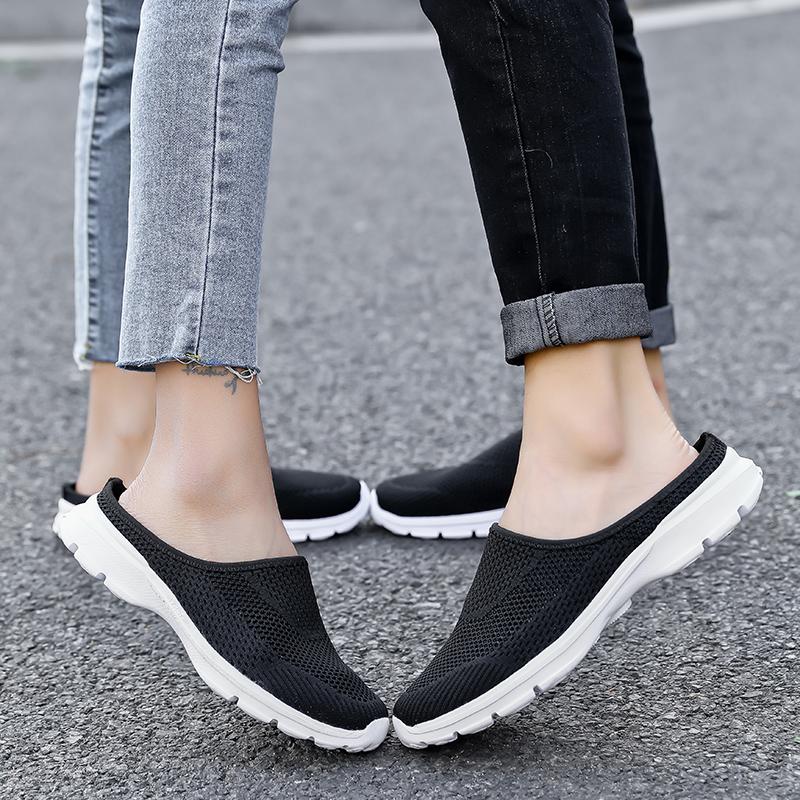 Unisex Slip-on Flats Round Toe Half Slippers Knitted Mesh Walking Shoes Lightweight Big Size 35-48 Leisure Shoes Anti-slip