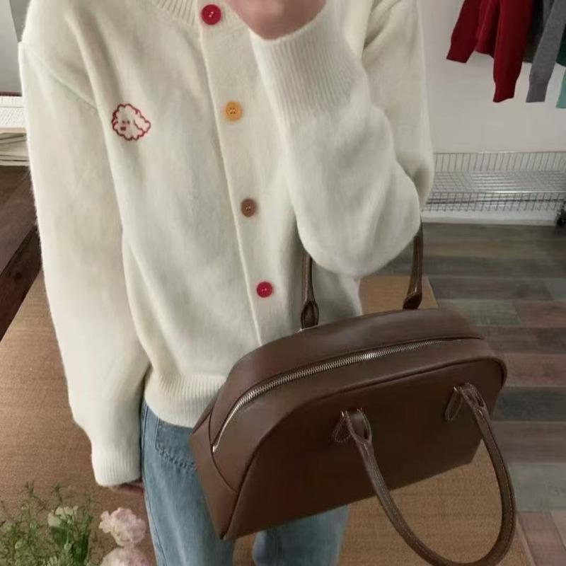 Gentle retro age-reducing puppy embroidered colorful buckle crew neck knitted cardigan women's spring and autumn small sweater jacket