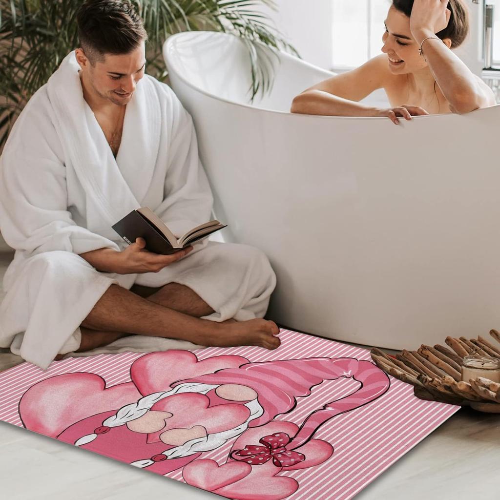 Loving Heart Doormat Carpet with Gnome and Heart Pattern Woven Lightweight Fug for Entryway Bathroom Non-slip Floor Mat Welcome