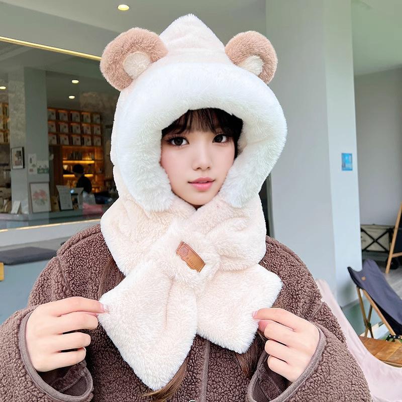 Cute Bear Hat Gloves Three In One Scarf Plush Hat for Women In Winter Riding Easy Outdoor High End Warm Hat