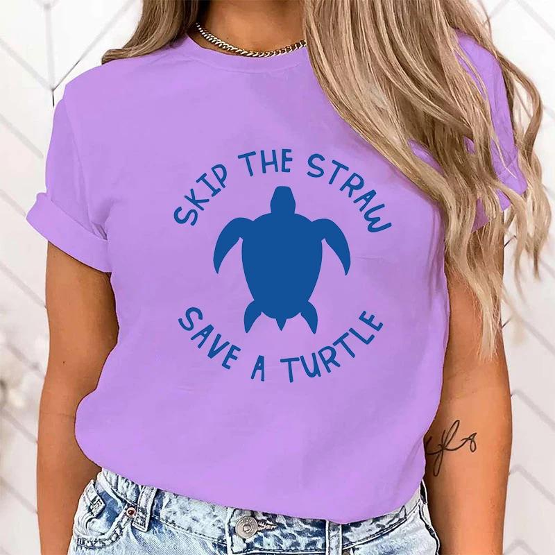 (Premium T-shirt)Protect The Ocean Skip The Straw Save A Turtle Letter Print Short Sleeve T Shirts Women'S Crew Neck T-Shirts