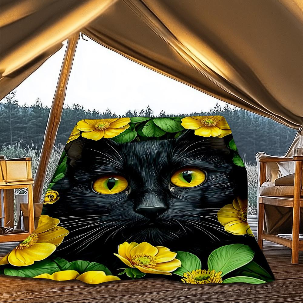 1pc Black Cat Print Print Outdoor Blanket, Lightweight Polyester,
