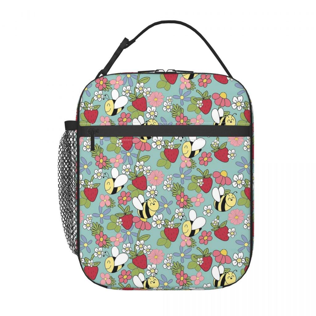 Cartoon Bee And Daisy In Blue Background Pattern Insulated Lunch Bag for Women Kids Leakproof Food Boxes Thermal Lunch Box Tote
