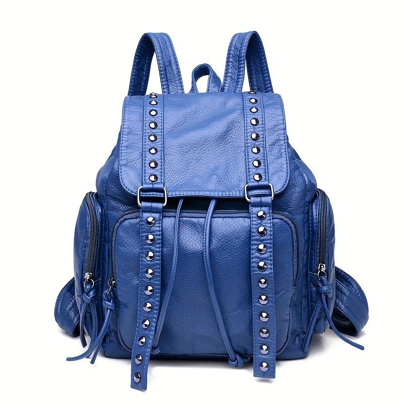 Fashion Rivet Flap Backpack, Punk Style Drawstring Daypack, Vintage PU Leather Travel Schoolbag