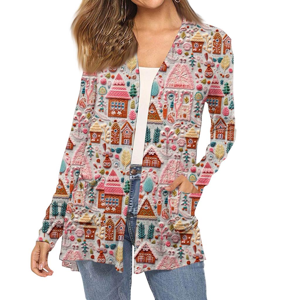 Dámský módní vánoční potisk dlouhý rukáv kapsy slim fit kardigan kabát