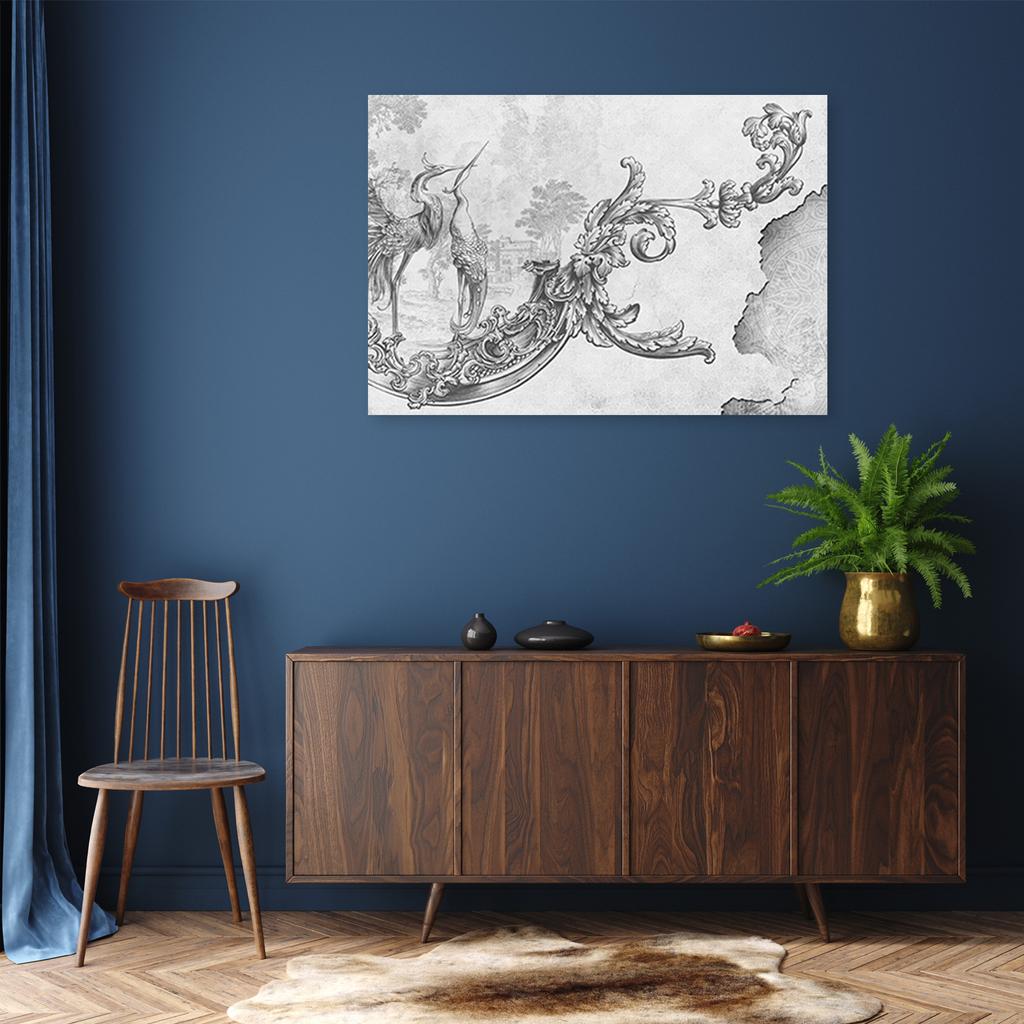 Canvas Print, Wild Birds and Leaves On an Oriental Fresco
