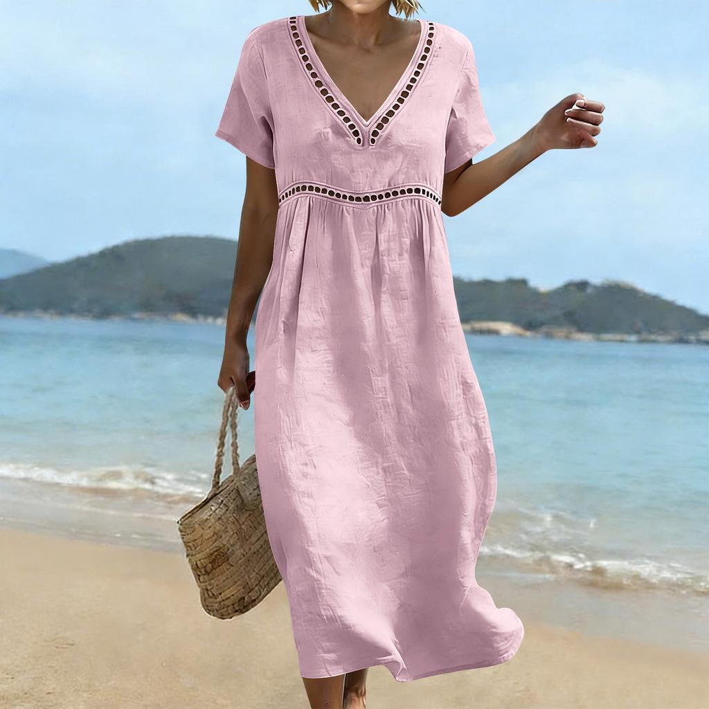 Women’s Summer V Neck Short Sleeve Cotton Linen Dress Hollow Lace Trim Loose Fit Midi Casual Dress for Daily Wear