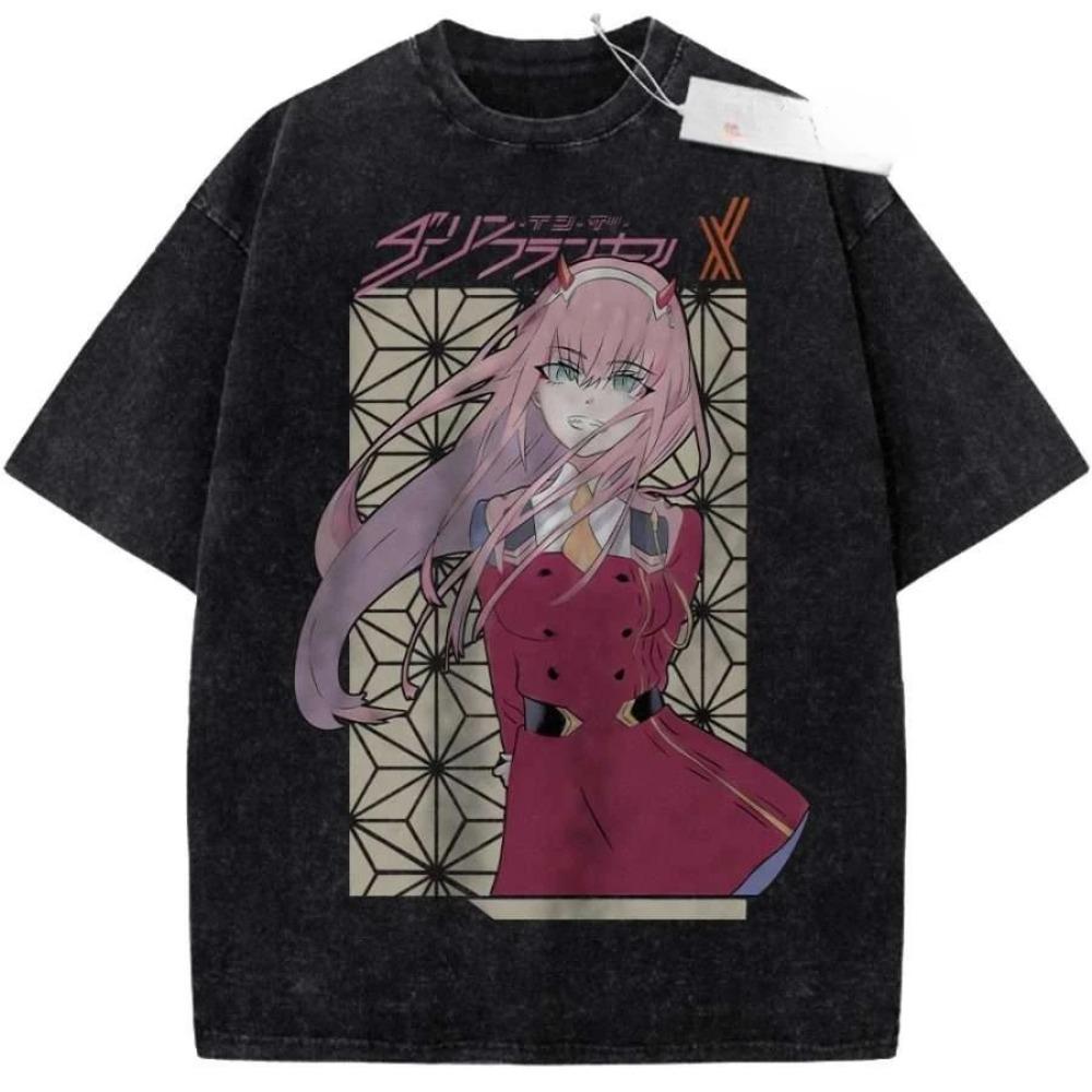 DARLING in the FRANXX Zero Two 002 Koszulka z grafiką Anime Vintage Spłowiała Czarna Bawełna Streetwearowa Koszulka