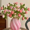 Pastoral Pink Multi-Head Rose Bouquet in Glass Vase for Living Room or Dining Table Decor