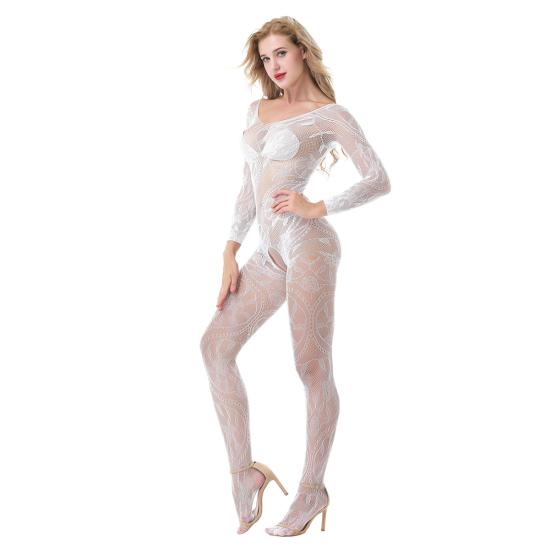 Mulher quente sexy transparente crotchless fora do ombro malha bodystocking sleepwear