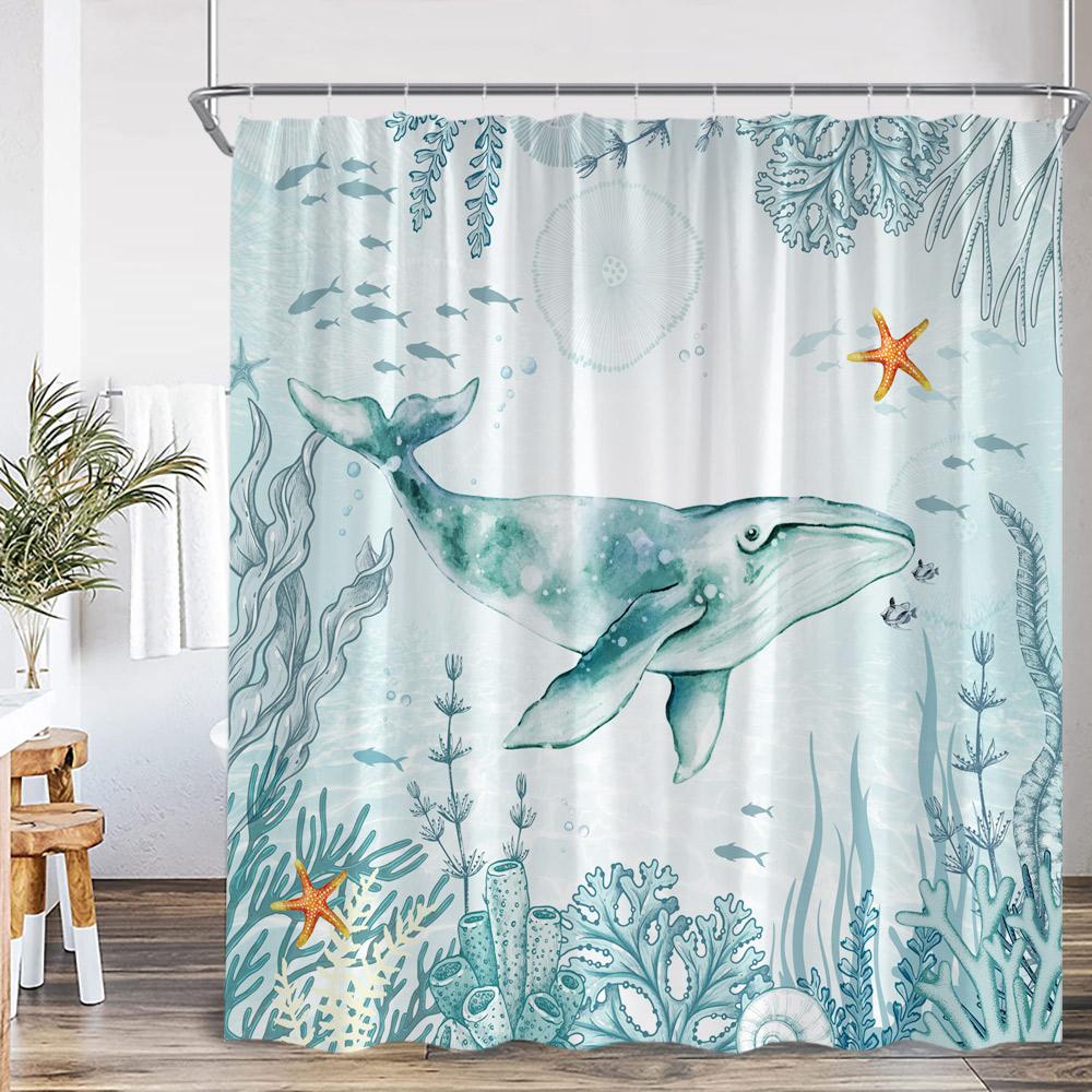 Cartoon Ocean Animals Watercolor Shower Curtains Octopus Turtle Jellyfish Whale Sea Bathroom Decorations Polyester Bath Curtains