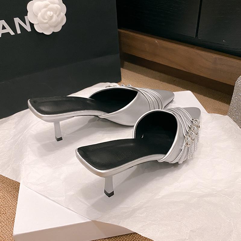 Fashion New Heels Pumps Slippers For Ladies 2024 Luxury Shoes Female Fashion Buckle Pointed Toe Heeled Women Mules Slides Sandals