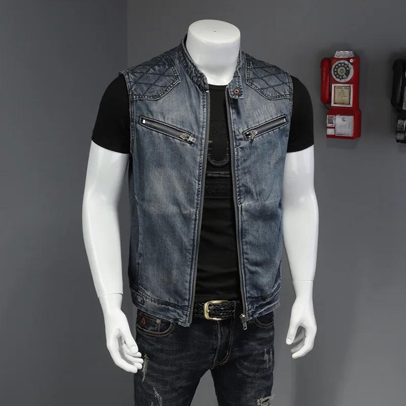 2026 Herren Motorrad Biker Denim Weste Vintage Blau Stickerei Reißverschlüsse Taschen Ärmellose Jacken Punk Cowboy Mode Weste