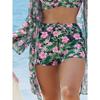 3 Piece Tropical Floral Print Bikini Set V Neck Boy Shorts Long Sleeve Sheer Cover Up Sexy Push Up Beach Vacation Bathing Suit