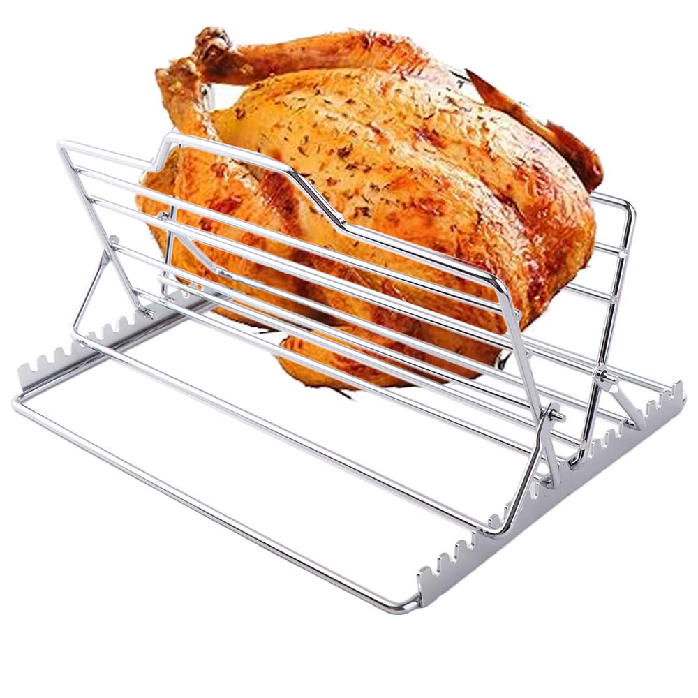 Grille de Rôtissage pour Dinde en Acier Inoxydable Pliable Réglable Support Rôtissoire Poulet en Forme de V Grande Grille pour Poulet Grillé Grilles
