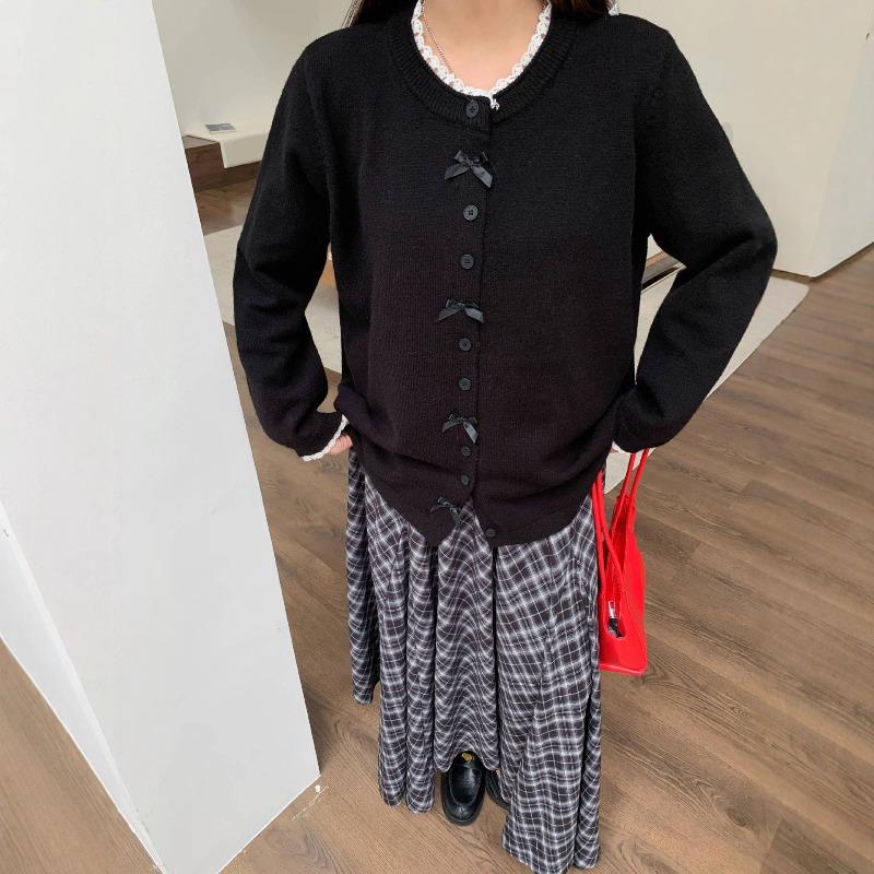 Autumn and winter new large-size women's clothing bow button knitted cardigan jacket casual versatile loose crew neck knitted sweater