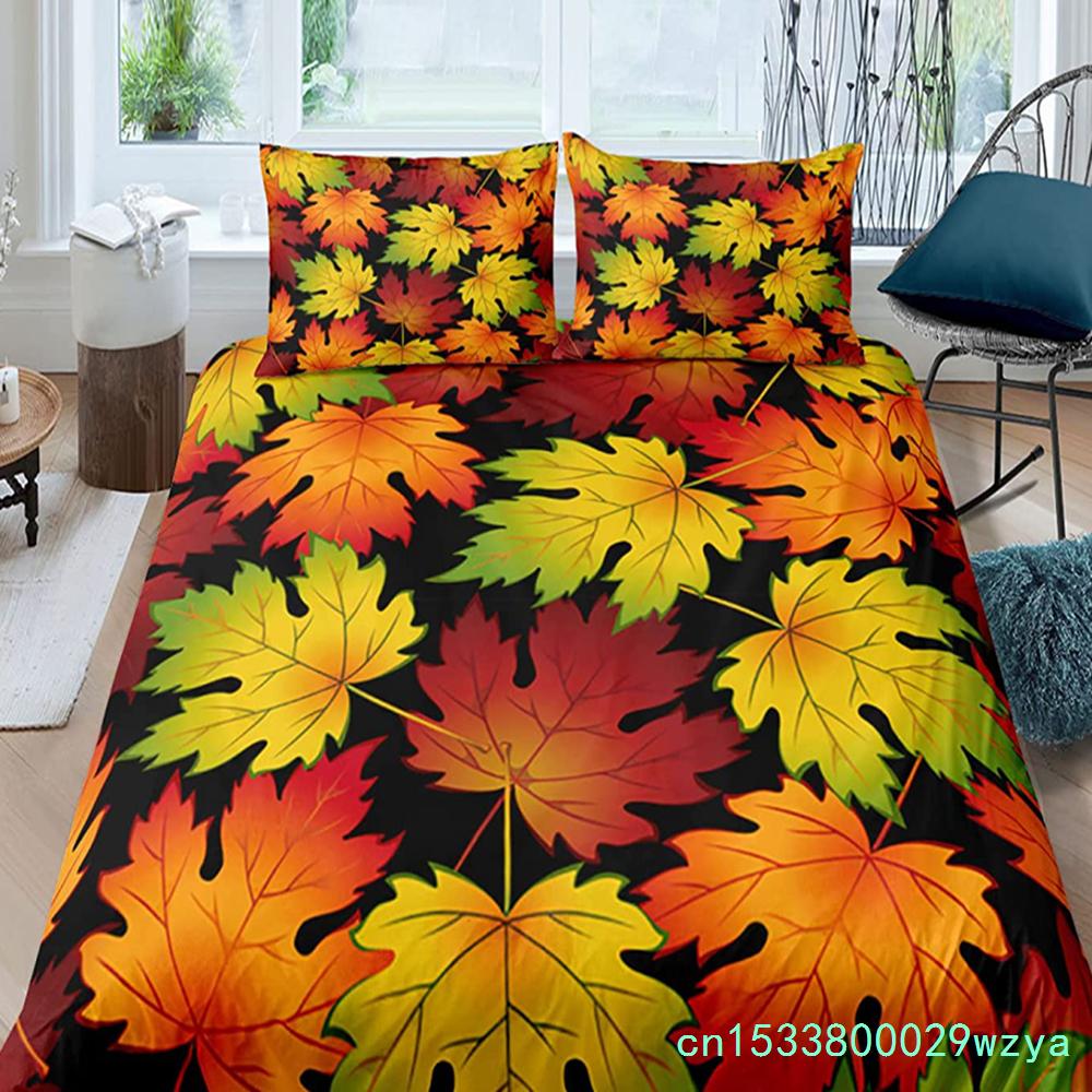 Maple Leaves Polyester Duvet Cover Set Fall Theme Comforter Cover With Pillowcase King Queen Size For Kids Boys Girl Bedding Set