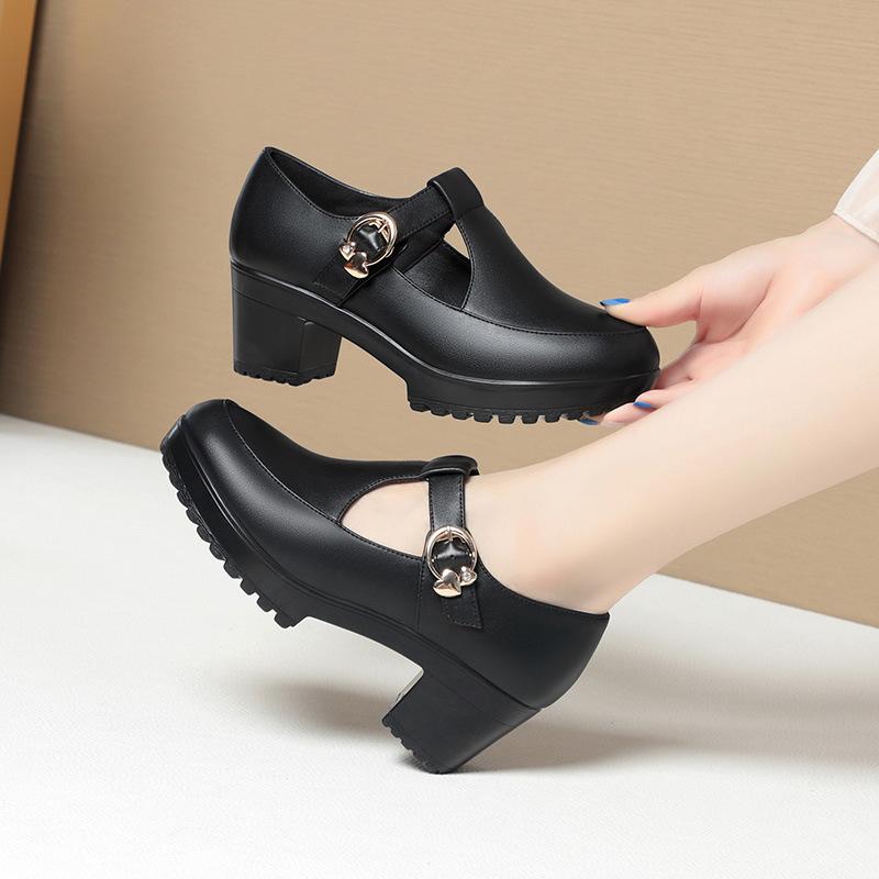6cm 8cm Vintage British Style T Strap Block High Heels Shoes Women Pumps 2025 Spring Elegant Soft Leather Shoes Heeled Work Mom
