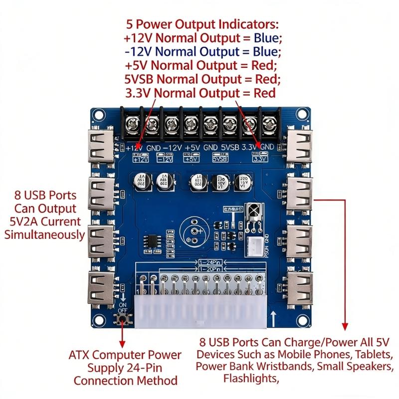 Universal Computer Power Supply Unit 8 USB Charging Specks Practical Computer Power Extension Board for DIY Applications