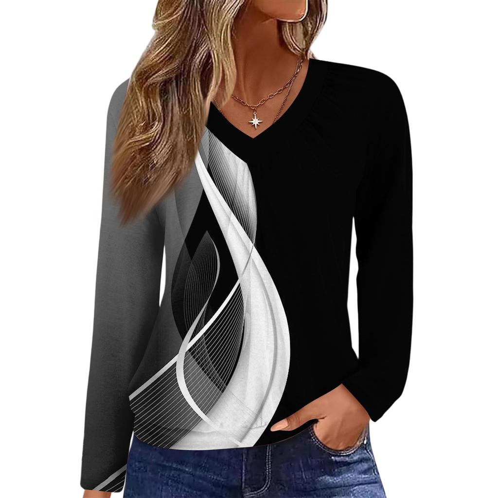 Women's Casual Fashion V-Neck Raglan Pleated Floral Print Long Sleeve Top