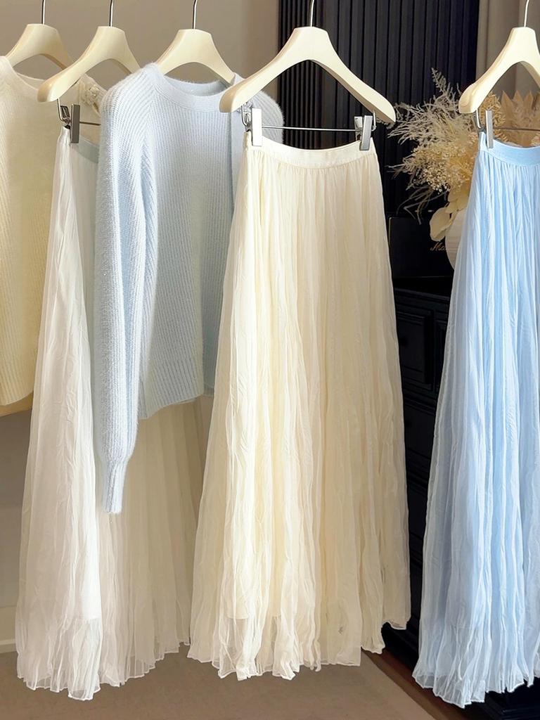 Women's 2026 Spring/Summer High Waist Slimming A-line Pleated Mesh Skirt, Mid-length, Solid Color