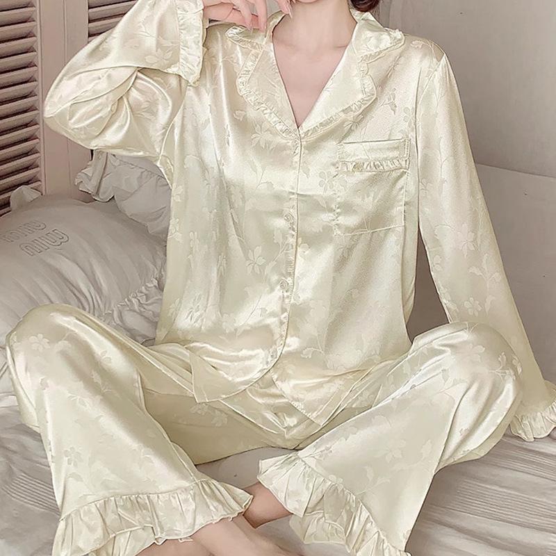 Women's Floral Ruffle Pajamas: Light Luxury Ice Silk Long Sleeve Two-Piece Set for Spring and Autumn