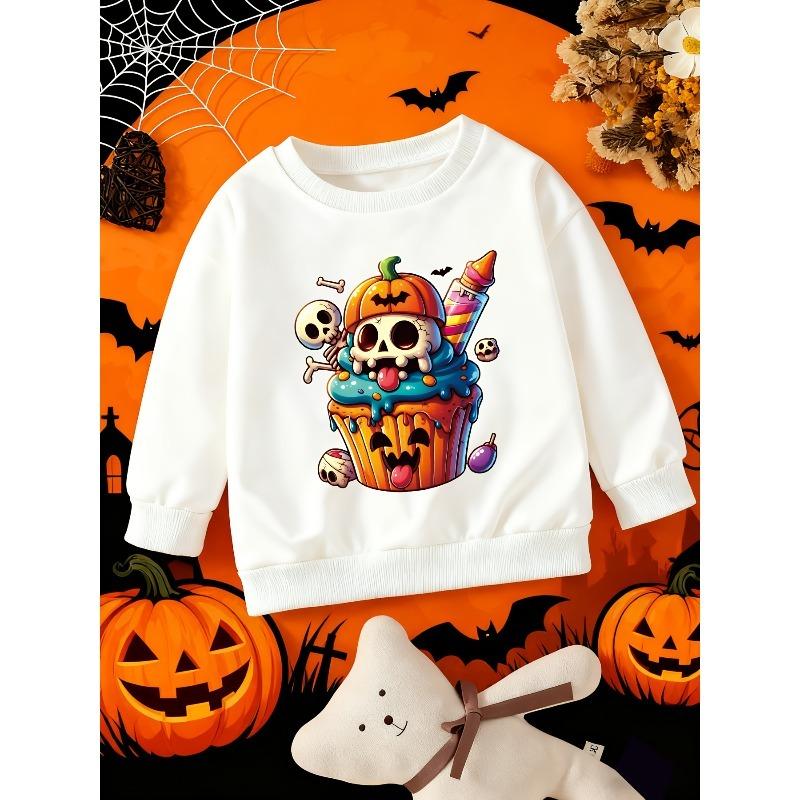 Kids Crewneck Sweatshirt, Halloween Print with Pumpkins, Skulls, Dripping Candy, Bones & Lollipops 110 белый