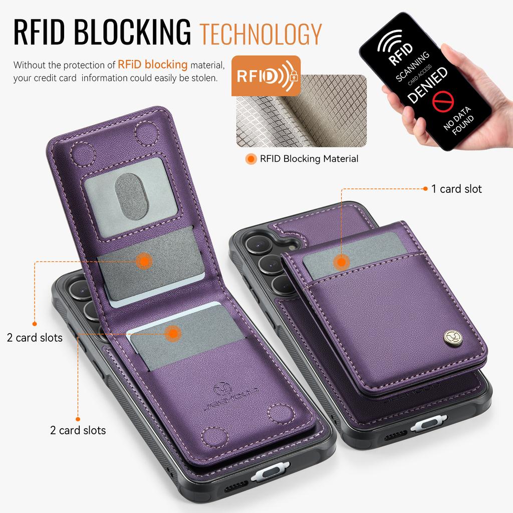 For Samsung Galaxy S24 FE Leather Back Cover Magnetic Case JEEHOOD J06 Phone Case with Card Bag RFID Blocking