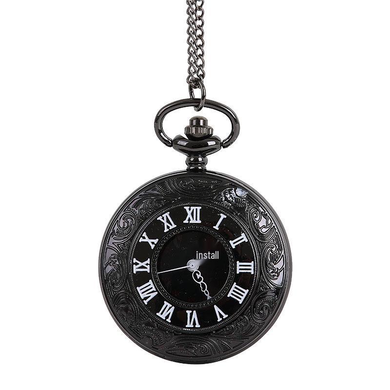 Black Retro Roman Numeral White Face Skeleton Pocket Watch 8171