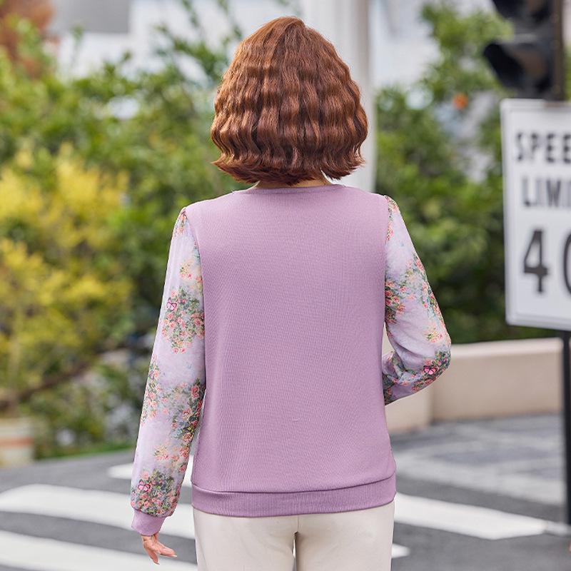 Mom's Spring Chic Chiffon Sleeve Top: Long Sleeve T-shirt for Middle-Aged & Elderly Women