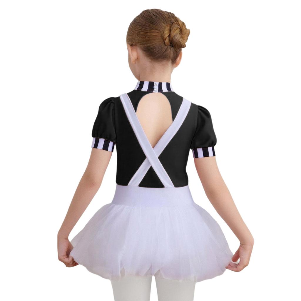 Costume da operaia in una fabbrica di cioccolato per bambina: abito corto a righe con collo alto, maniche con polsini e scollo sulla schiena, modello svasato.
