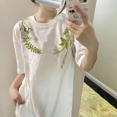 Reines Baumwoll-T-Shirt mit Blumenprint und kurzen Ärmeln für Studentinnen, locker, nationaler Trend, Saisonende, vielseitig, Sommer