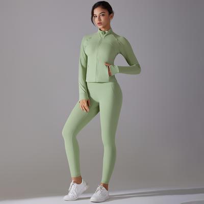 Zipper Long Sleeve Sportswear Women Yoga Suit With Pockets Solid Color Fitness Long Pants Exercise Suit