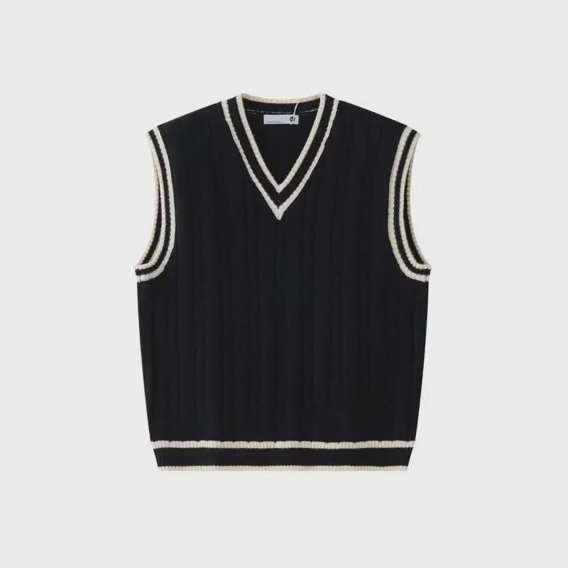 Pánský retro V-výstřih vysokoškolský styl copánkový vzor kontrastní bez rukávů svetr vesta na podzim a zimu