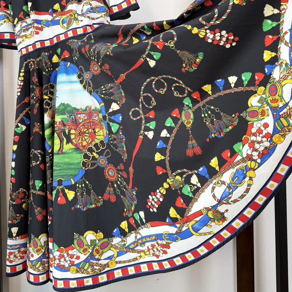 Marka Fashioni Letnia Vintage Sukienka Midi Damska Krótki Rękaw Okrągły Dekolt Empire Kwiatowy Wzór Długa Sukienka na Plażę Imprezę Wieczorową