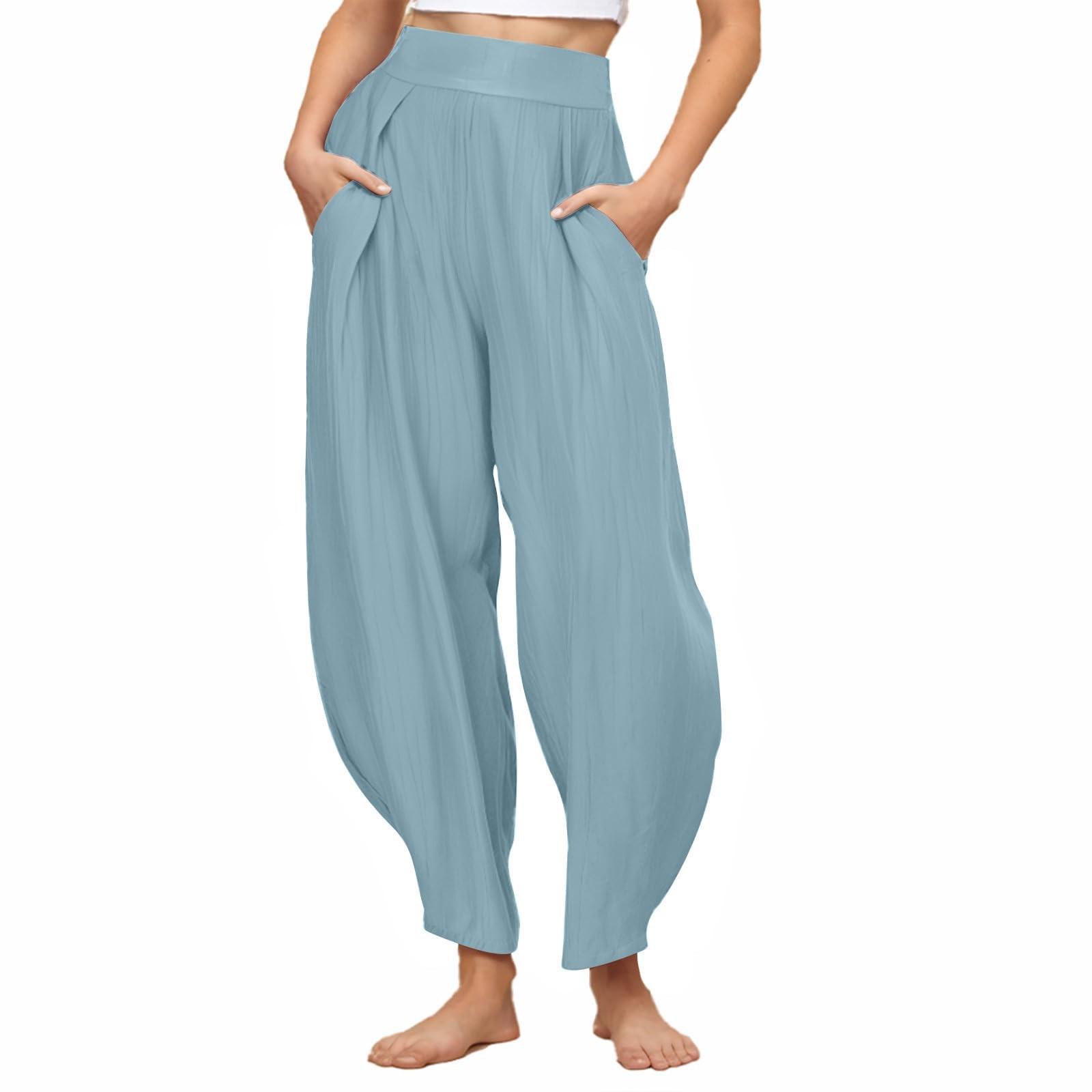 

Брюки для женщин, повседневные, однотонные, летние, с эластичной талией, свободные, легкие, с завязками на шнурке, с карманами XL небесно-голубой