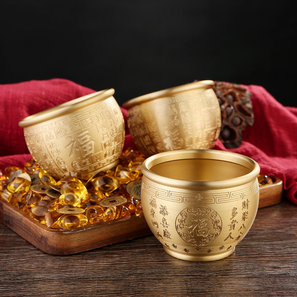 Chinese Treasure Bowl Cornucopia Bowl Brass Ornament Collectible Gift Feng Shui Decor Money Drawing Bowl for Living Room Desk