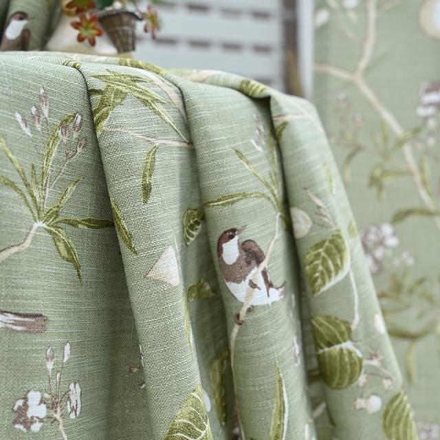 Amerikaans Katoen en Linnen Semi Verduisterend Gordijn met Vogel- en Bloempatroon Groene Raambekleding Voor Woonkamer Slaapkamer Op Maat 1Piece W200xH260 CM&Rod Pocket Process