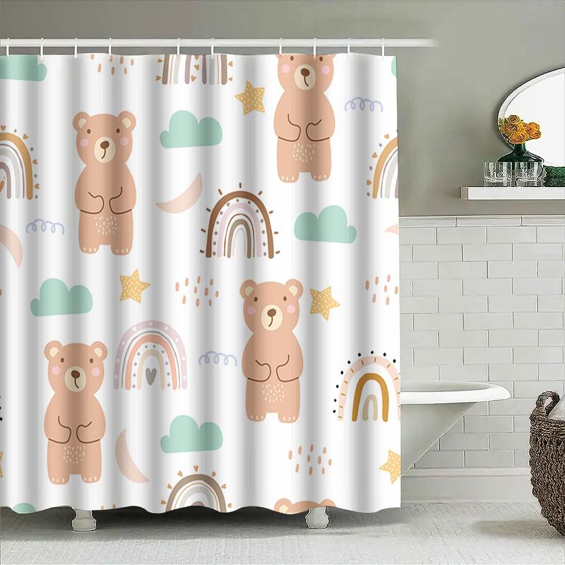 Cute Bear Shower Curtain White Bathroom Decor With Rainbow Clouds Pattern For Kids Bathrooms Set Includes 1 Curtain (70 X 72) +