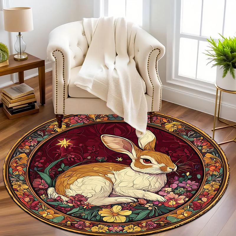 Vintage Rabbit Floral Round Rug Non-Slip Machine Washable Floor Mat 2D Flat Soft Area Rug for Living Room Hallway Easter Decor