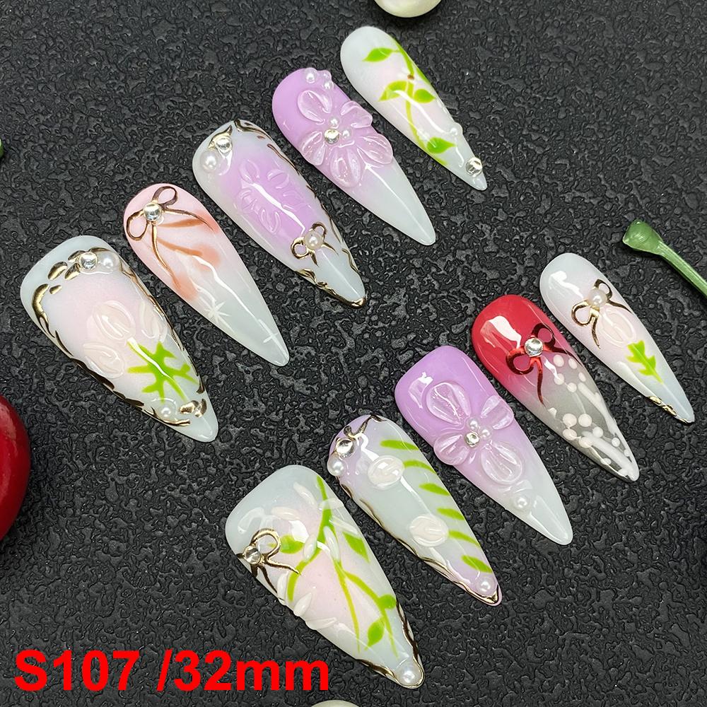 Glossy Hand Paint Thickness Acrylic Handmade Nail Sets 10PCS Multicolor Luxurious Gorgeous UV Gel Carved Artificial Manicure Art