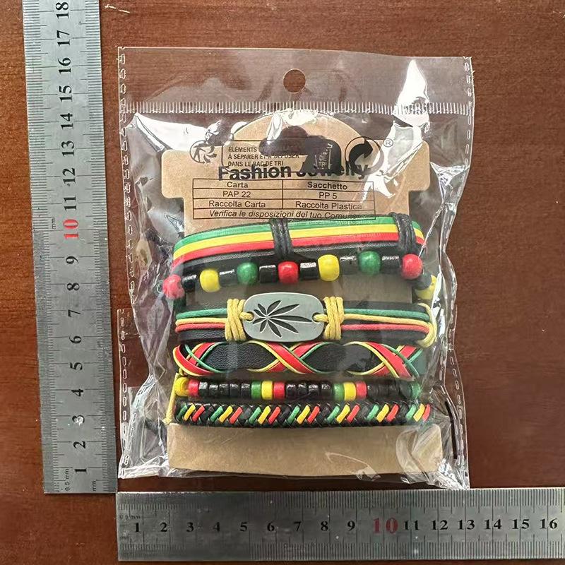 Cross-border e-commerce new fashion woven combination six-piece set maple leaf red, yellow and green hand rope European and American popular bracelet