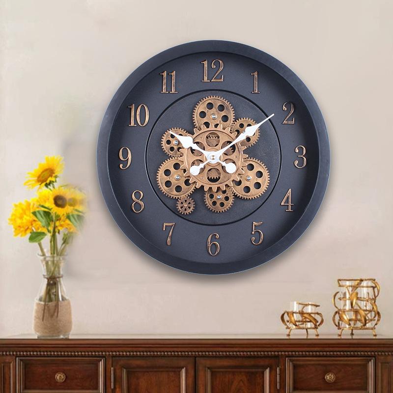 40CM Creative Dynamic Gear Clock Living Room Retro Wall Clock Decoration Modern Wood Grain Clock Wall Clock