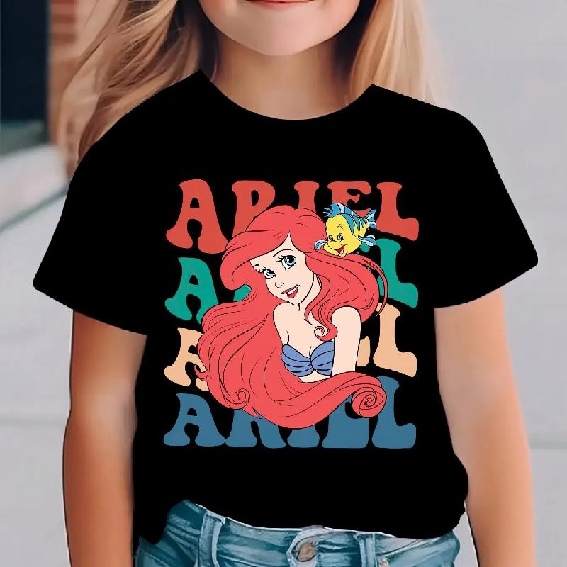 Summer Girls' Fashion Short-Sleeve T-Shirt with Ariel The Little Mermaid Princess Cartoon 100% Cotton Printed T-shirt